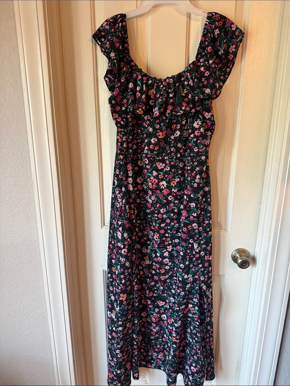 BCBG Paris Black Maxi Dress with Pink and Green Floral Print